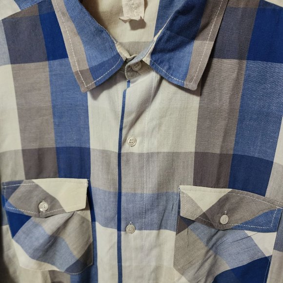 Men's XL Pop Icon White/Blue/Gray Plaid Long Sleeve Button Down Shirt USA Made - Picture 3 of 9